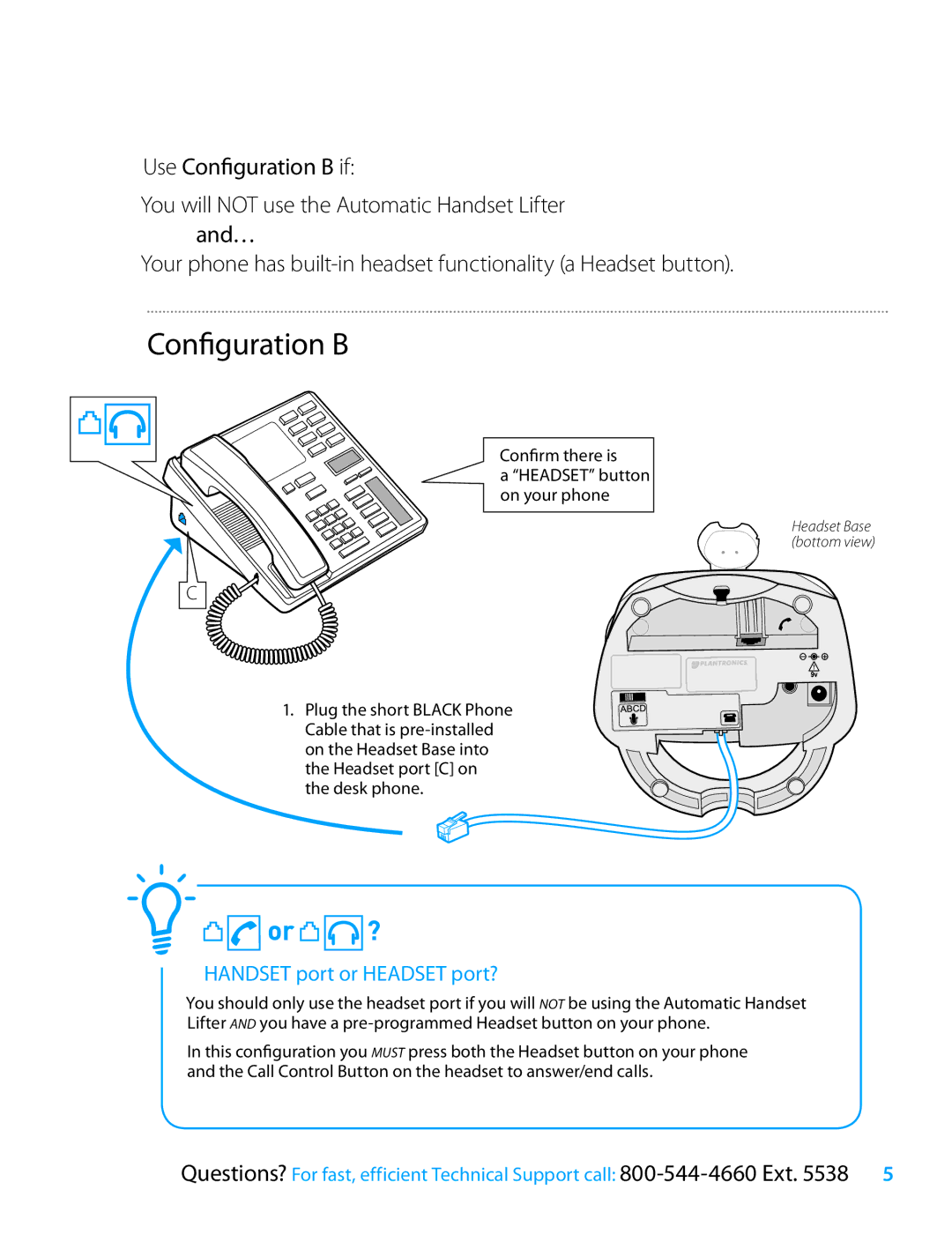 Plantronics CS55 Series setup guide Configuration B, Handset port or Headset port? 