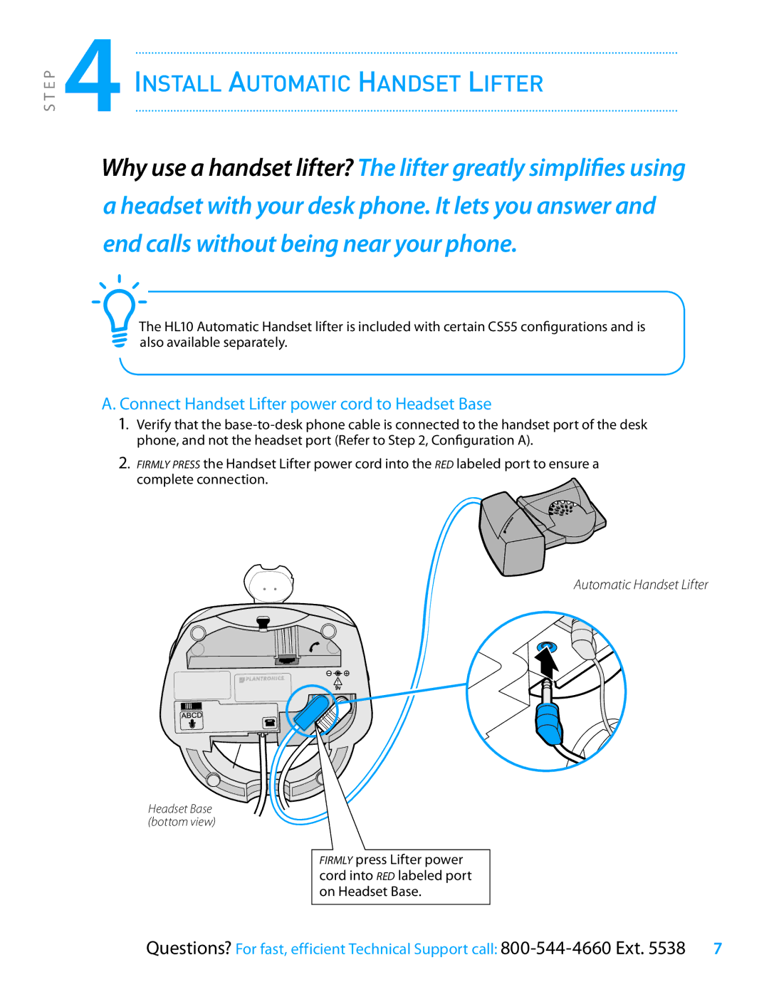 Plantronics CS55 Series setup guide Install Automatic Handset Lifter, Connect Handset Lifter power cord to Headset Base 