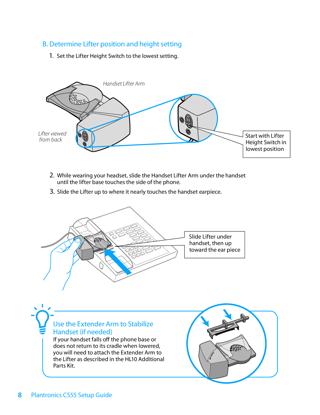 Plantronics CS55 Series Determine Lifter position and height setting, Use the Extender Arm to Stabilize Handset if needed 