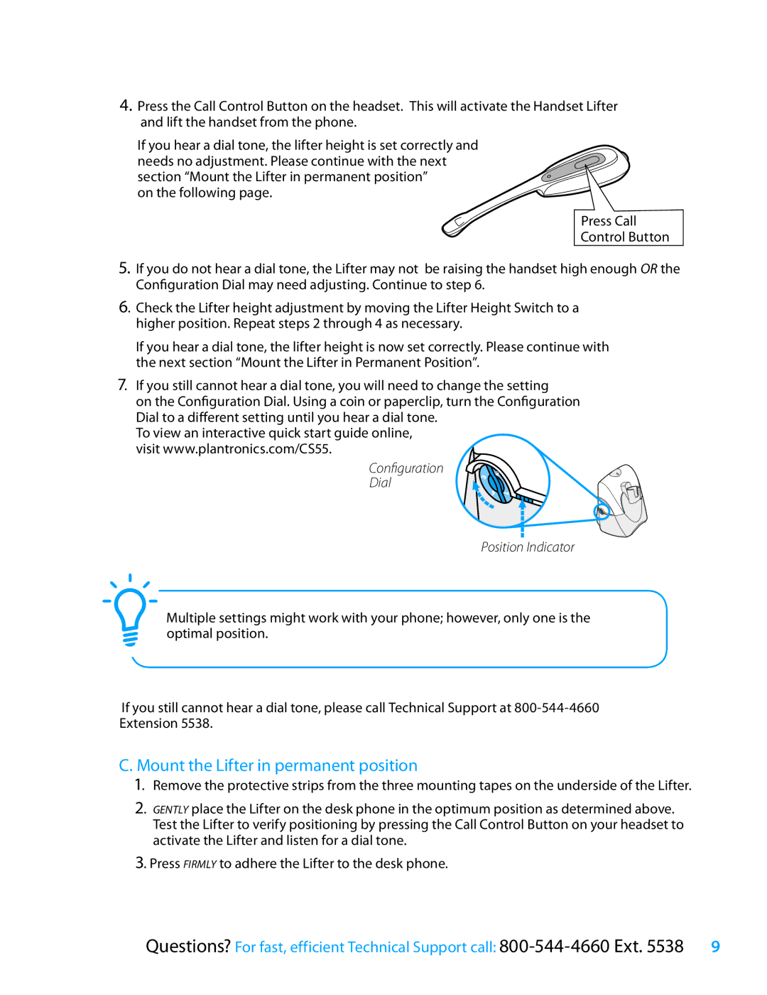 Plantronics CS55 Series setup guide Mount the Lifter in permanent position, Confi guration Dial Position Indicator 