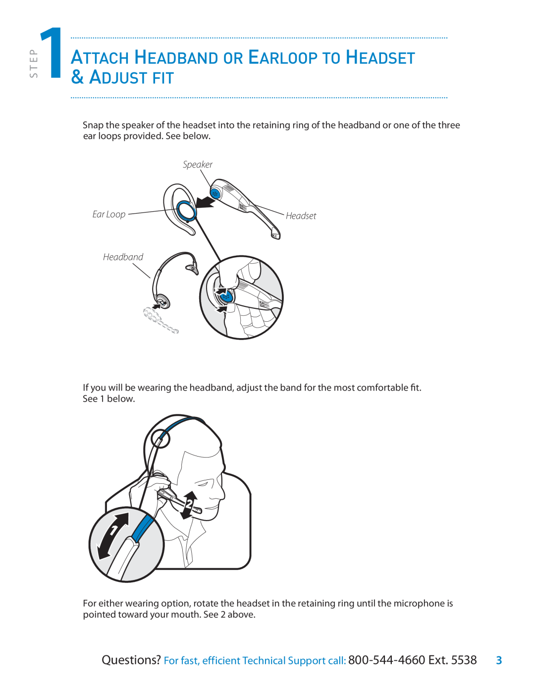Plantronics CS55 Series setup guide Attachadjustheadbandfit, Speaker, Ear Loop, Headband, Or Earloop To Headset 