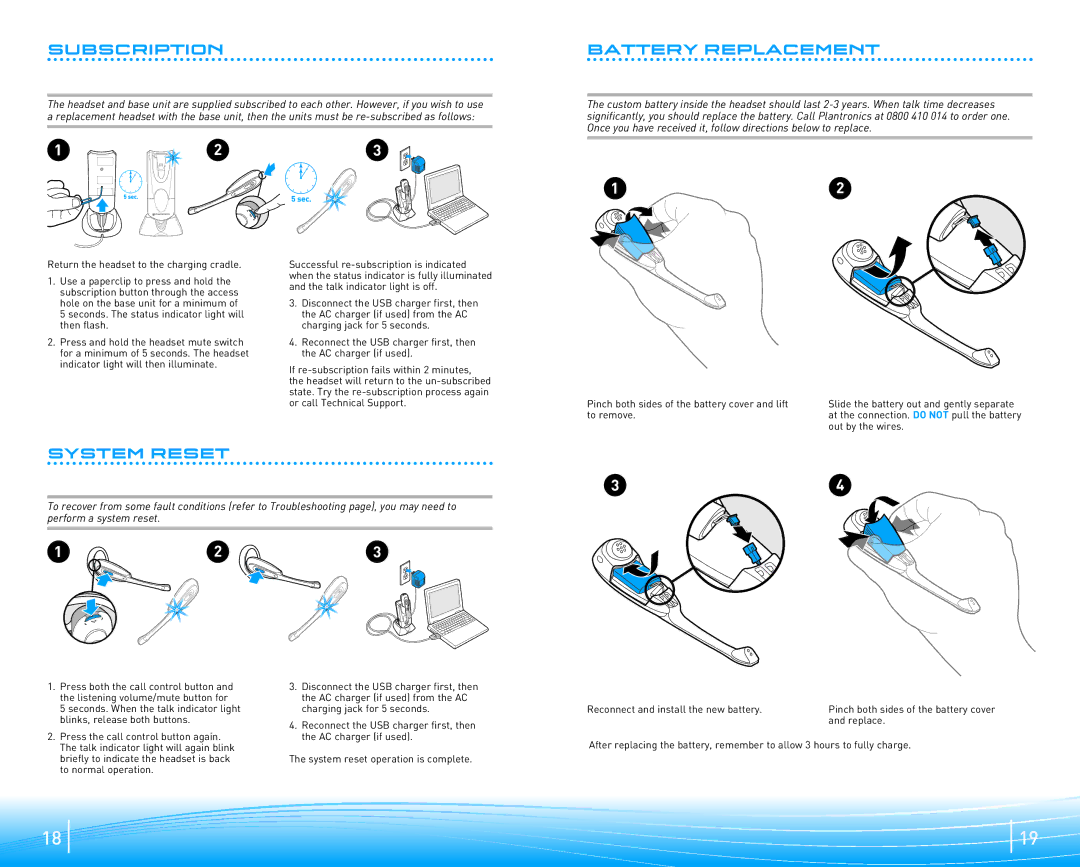 Plantronics CS50, CS60 manual Subscription, Battery Replacement, System Reset 