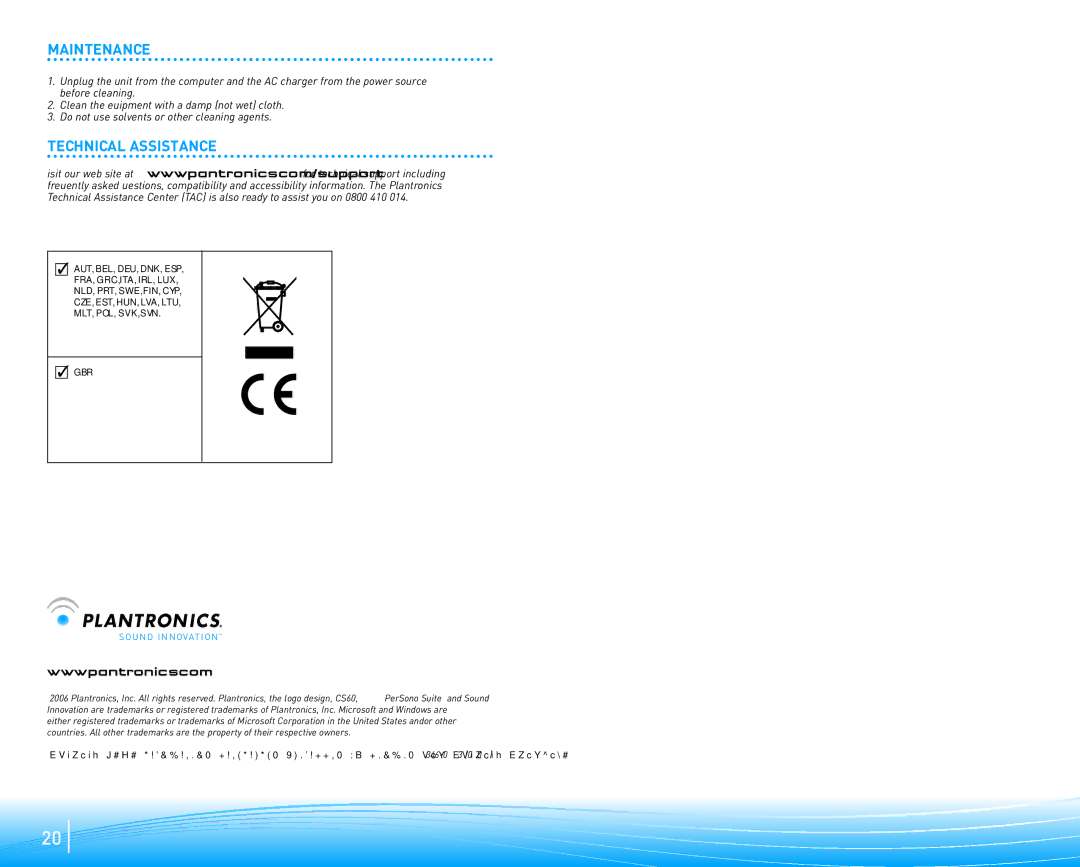 Plantronics CS60, CS50 manual Maintenance, Technical Assistance 