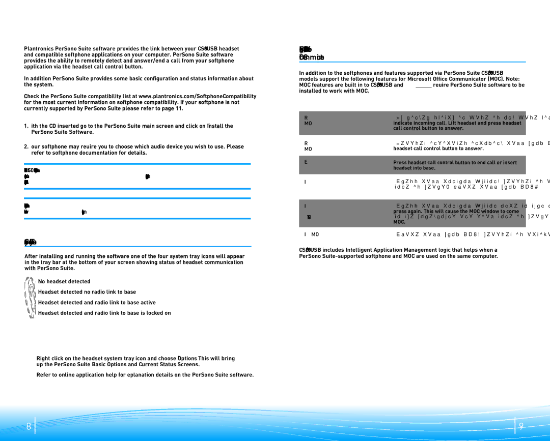 Plantronics CS60 manual Using CS50/60-USB with Microsoft Office Communicator, System Tray Icons, Configuration and Status 