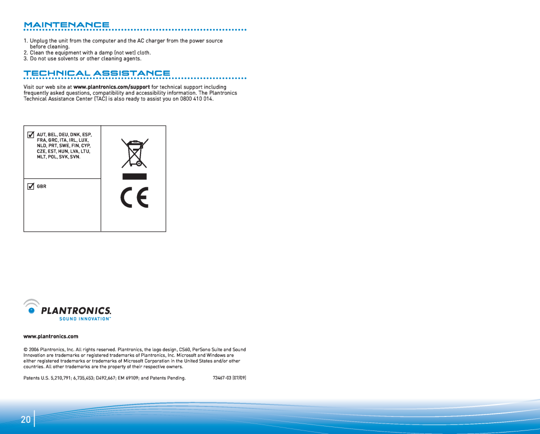 Plantronics CS60, CS50 manual Maintenance, Technical Assistance 
