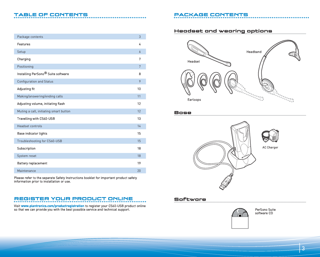 Plantronics CS50 Table Of Contents, Register Your Product Online, Package Contents, Headset and wearing options, Base 