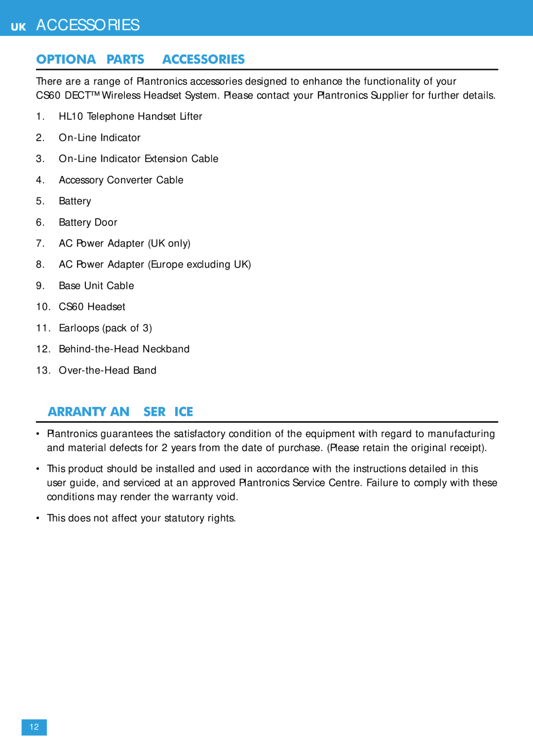 Plantronics CS60 DECT manual UK Accessories, Optional Parts & Accessories, Warranty and Service 