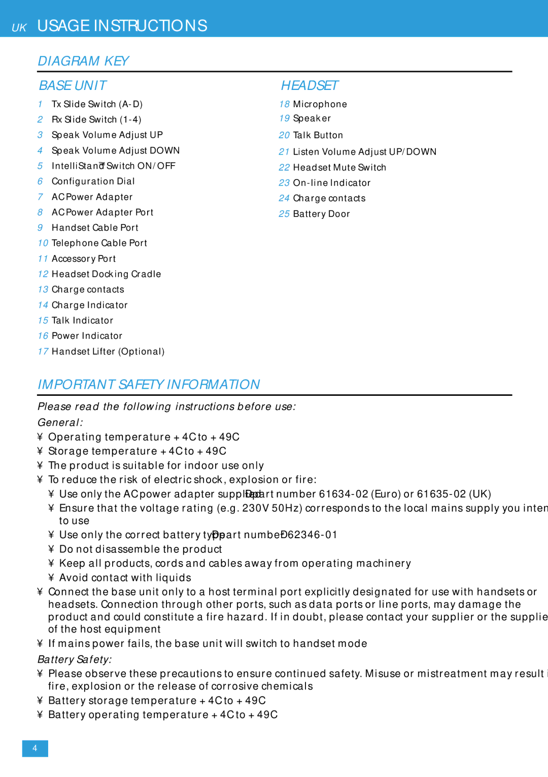 Plantronics CS60 DECT manual UK Usage Instructions, Diagram KEY Base Unit Headset, Important Safety Information 