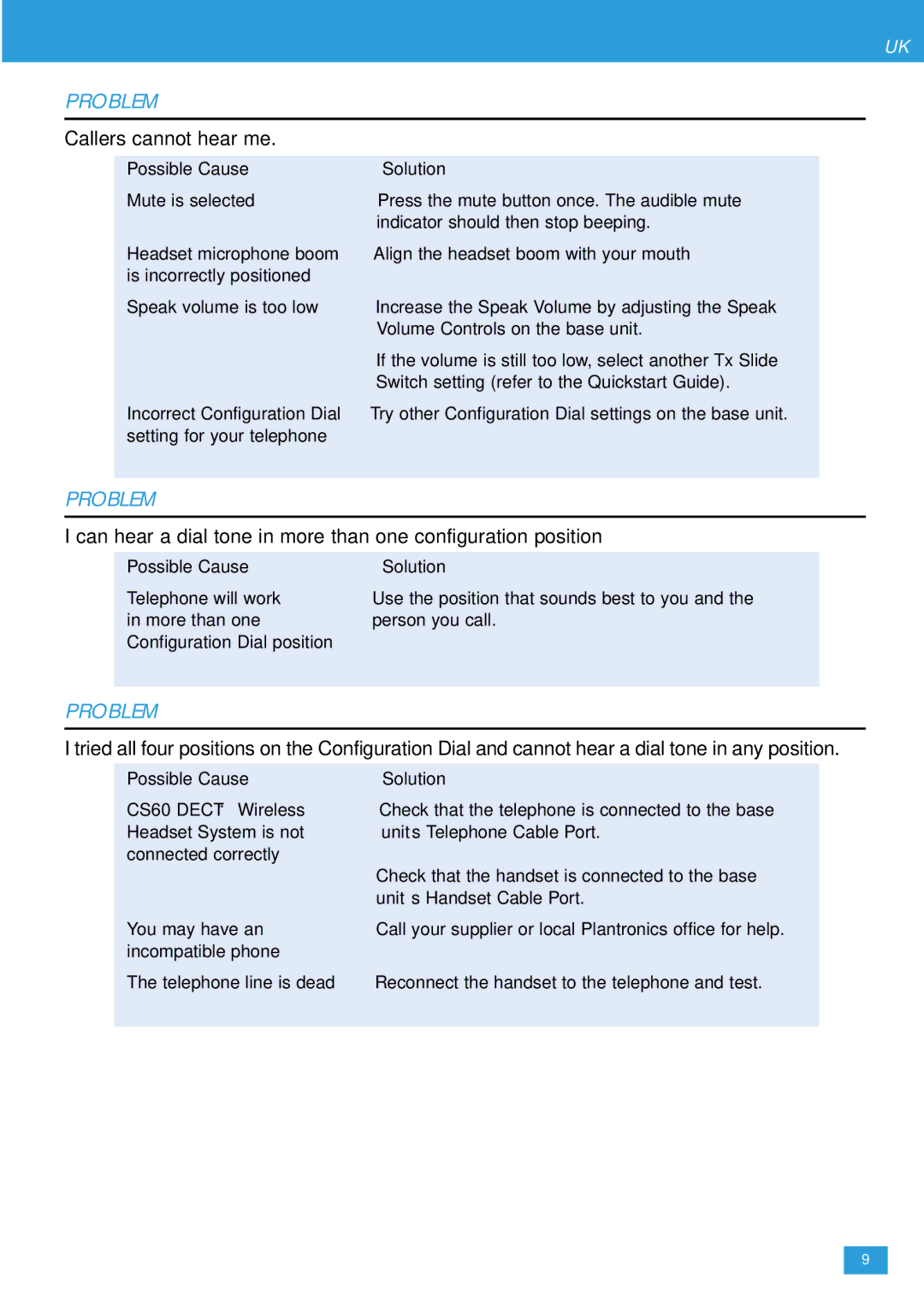 Plantronics CS60 DECT manual Callers cannot hear me, Can hear a dial tone in more than one configuration position 