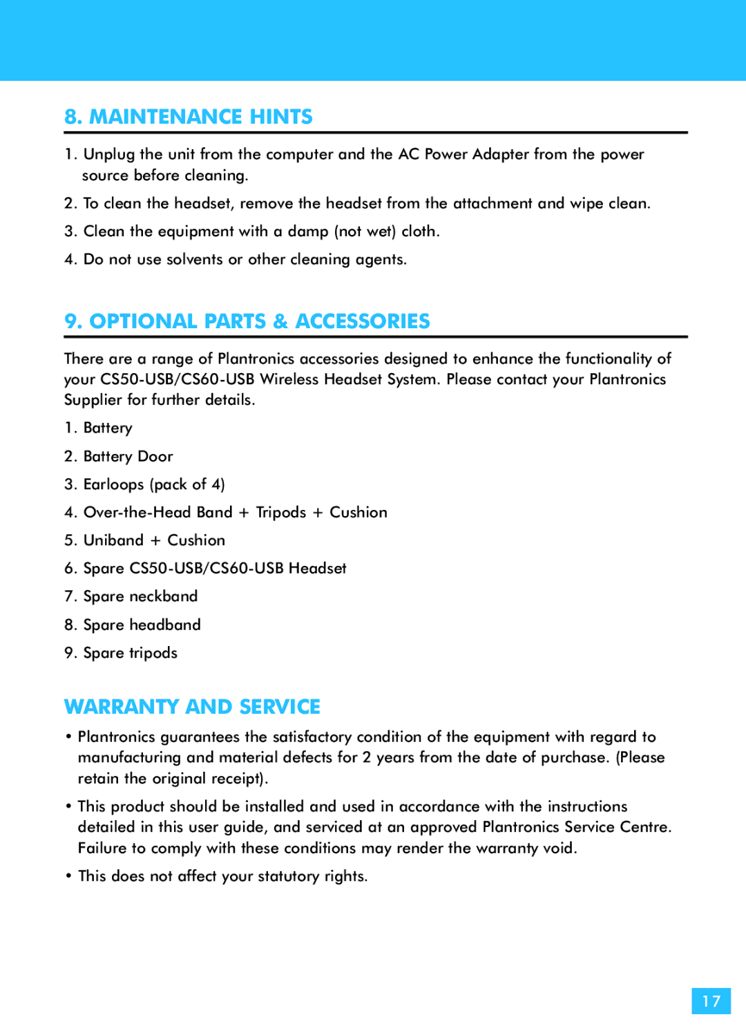 Plantronics CS60-USB, CS50-USB manual Maintenance Hints, Optional Parts & Accessories, Warranty and Service 