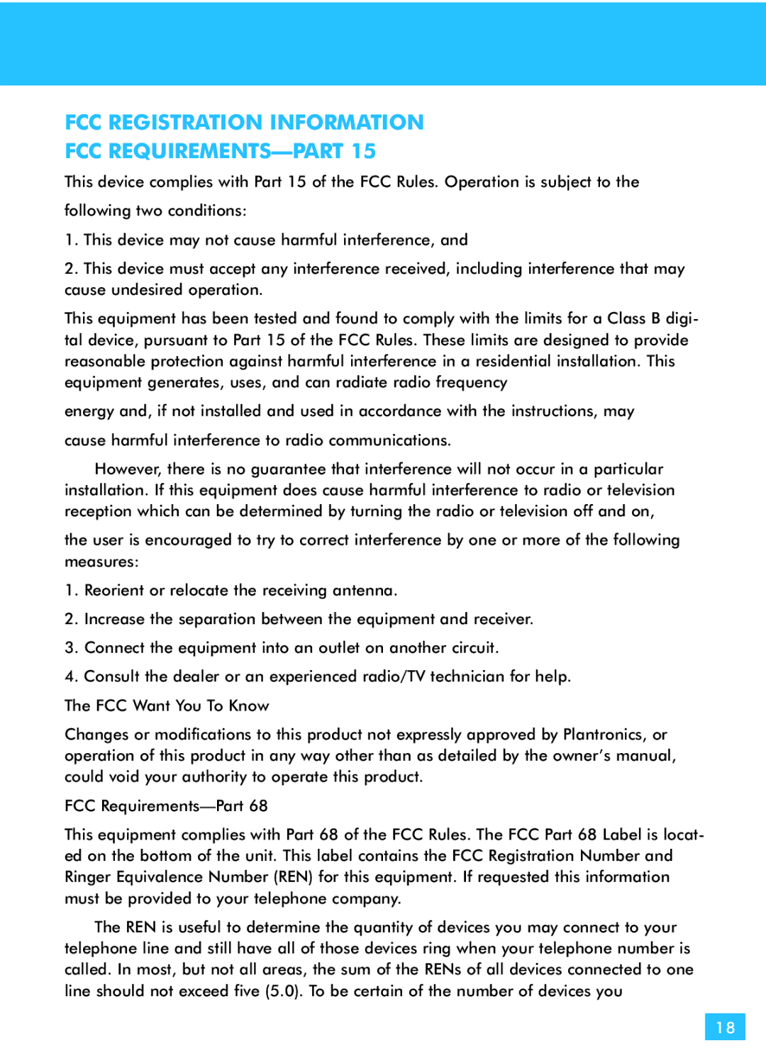 Plantronics CS50-USB, CS60-USB manual FCC Registration Information FCC REQUIREMENTS-PART 