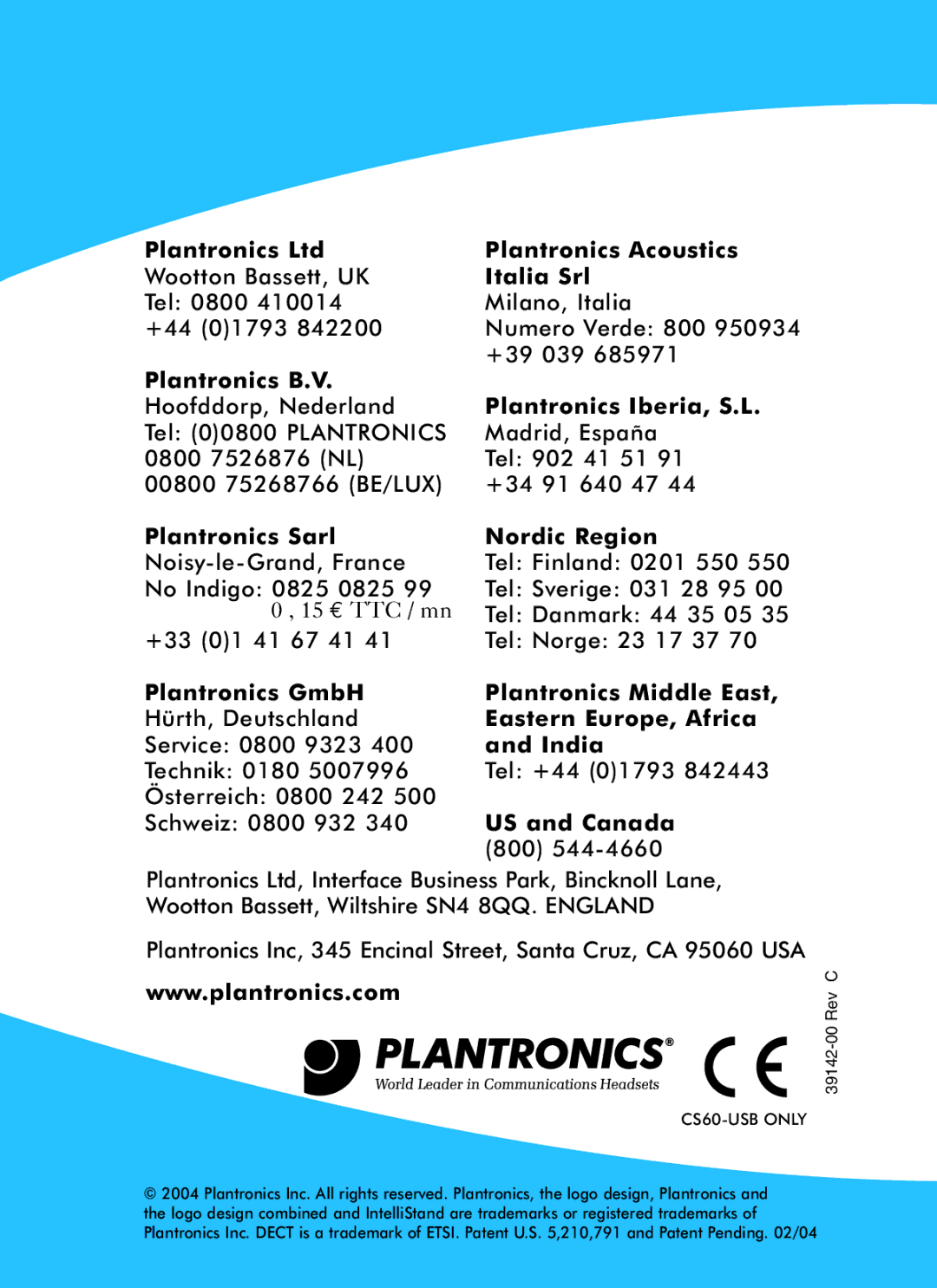 Plantronics CS50-USB, CS60-USB manual Plantronics Acoustics 