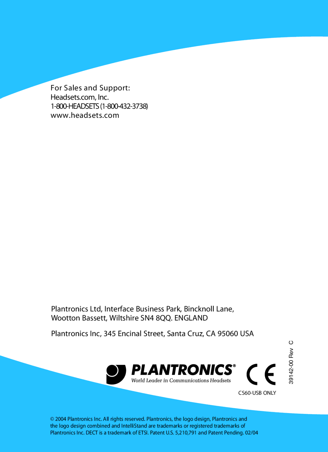 Plantronics CS60-USB DECT manual For Sales and Support 