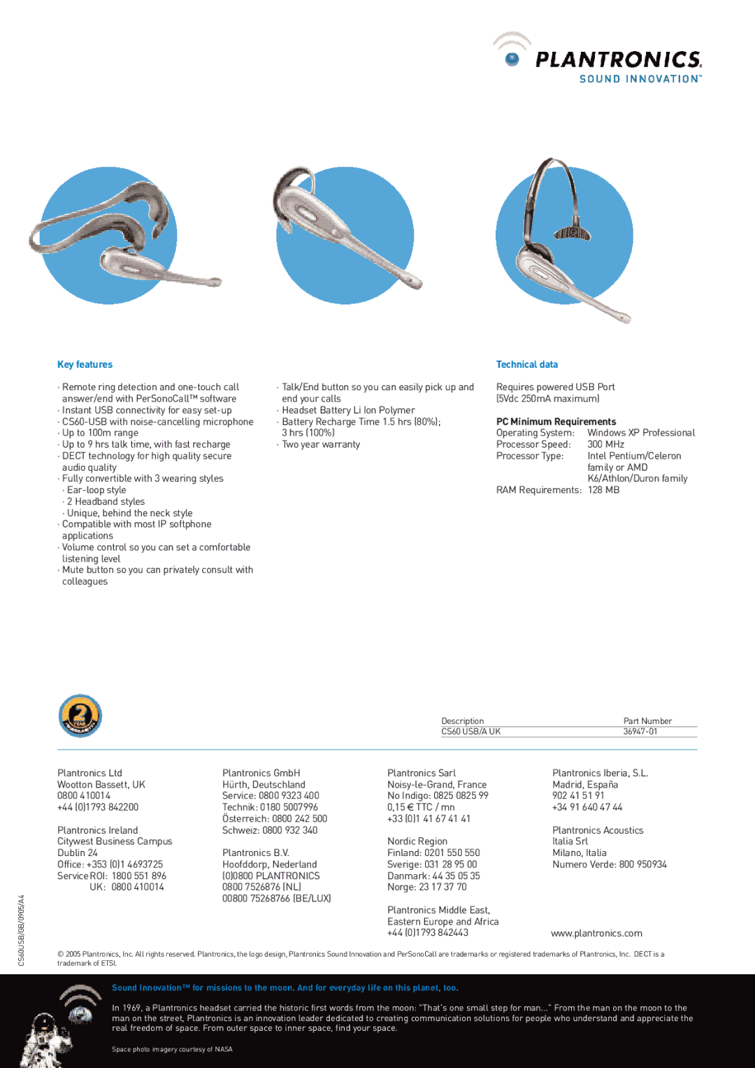 Plantronics CS60-USB manual Key features Technical data, PC Minimum Requirements, Plantronics 