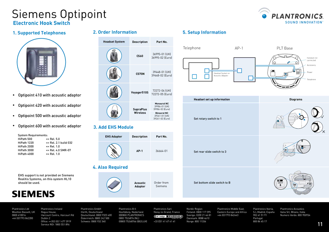 Plantronics CS60 manual Siemens Optipoint, Also Required, Order Information, Acoustic, Adapter 