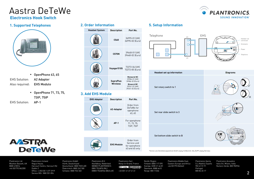 Plantronics CS60 manual Aastra DeTeWe, Supported Telephones, Setup Information, Add EHS Module 