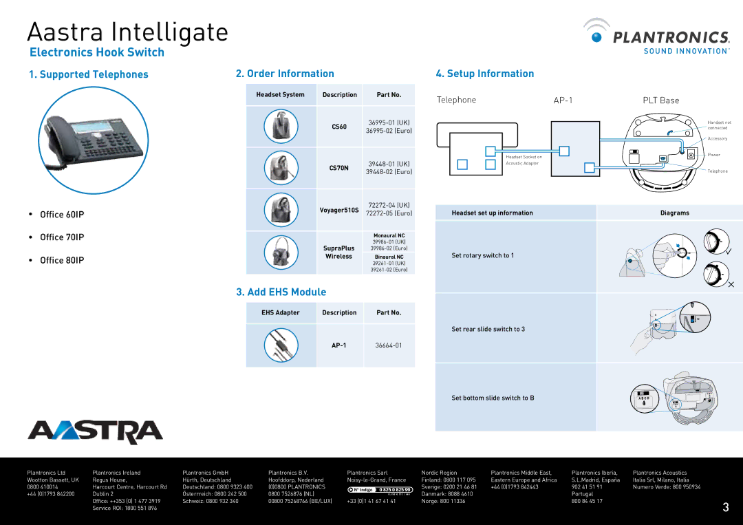 Plantronics CS60 manual Aastra Intelligate, Supported Telephones Order Information, Add EHS Module, Setup Information 