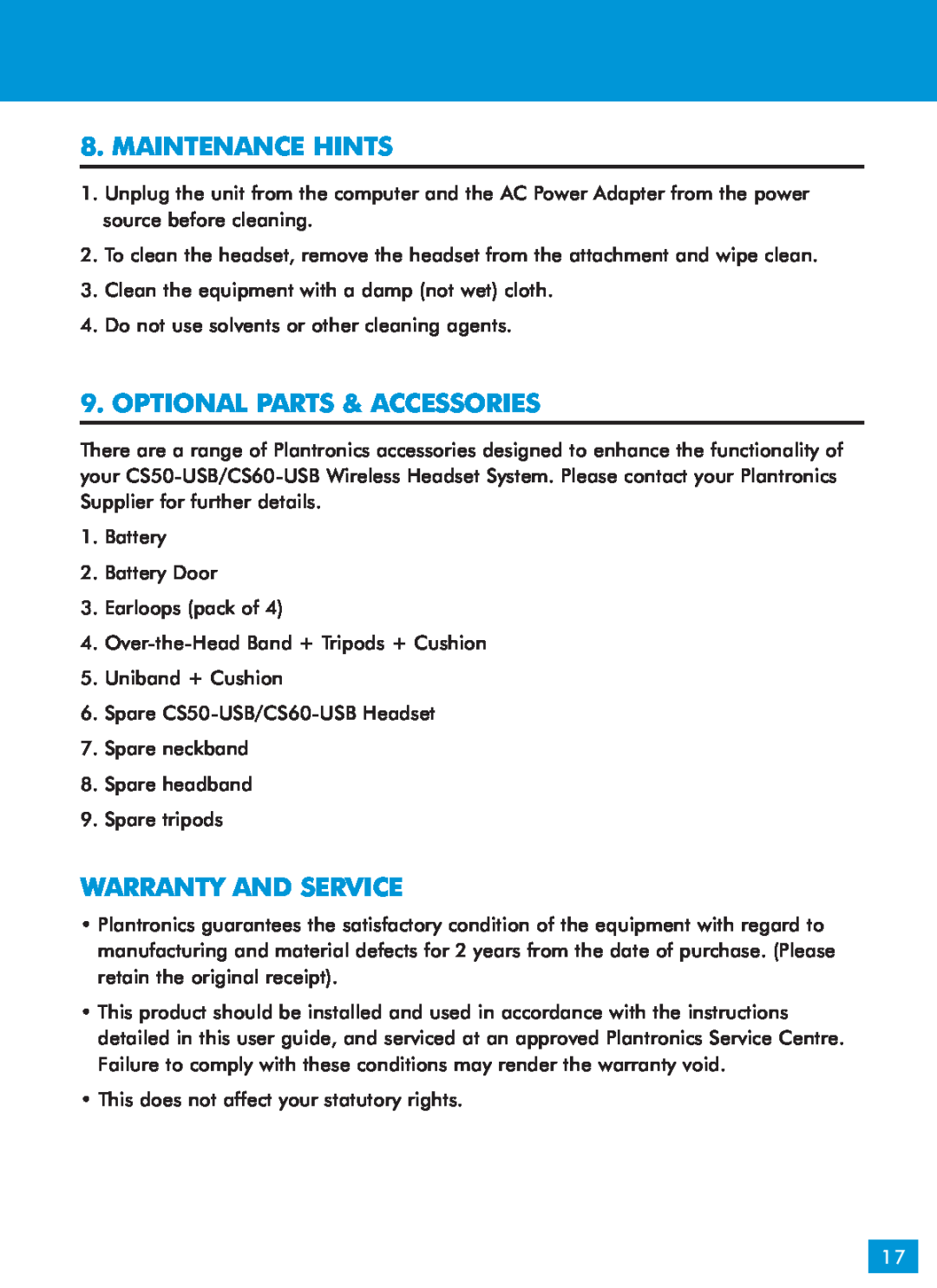 Plantronics CS60 manual Maintenance Hints, Optional Parts & Accessories, Warranty And Service 