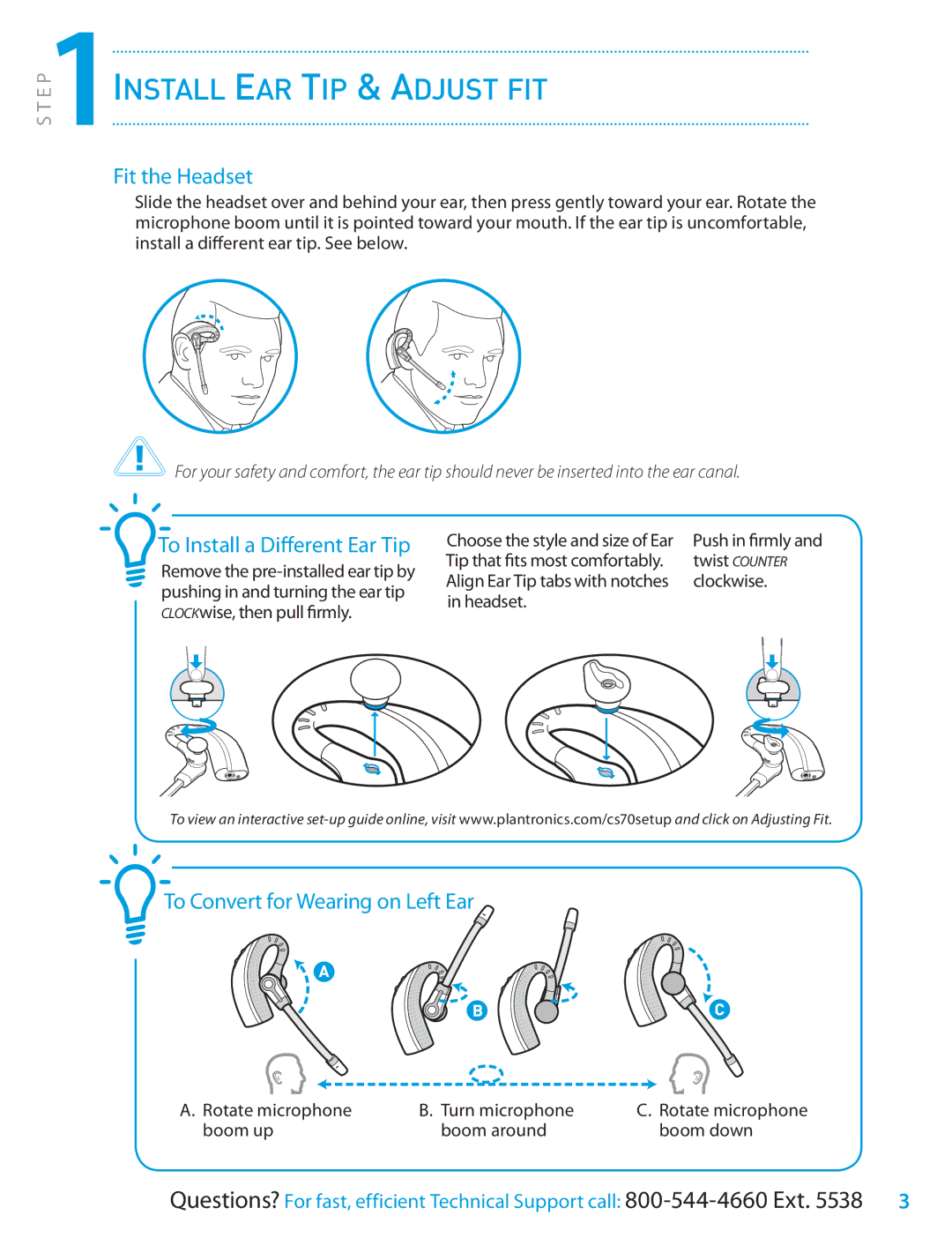 Plantronics CS70 Series setup guide P1Install Ear Tip & Adjust fit, Fit the Headset, To Install a Different Ear Tip 