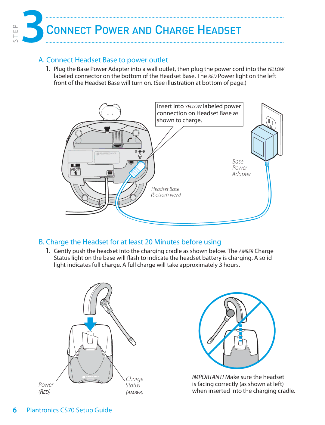 Plantronics CS70 Series setup guide 3Connect Power and Charge Headset, Connect Headset Base to power outlet 