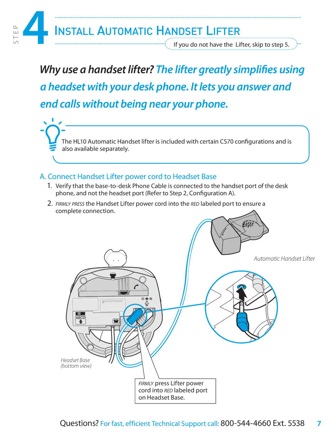 Plantronics CS70 Series setup guide 4Install Automatic Handset Lifter, Connect Handset Lifter power cord to Headset Base 