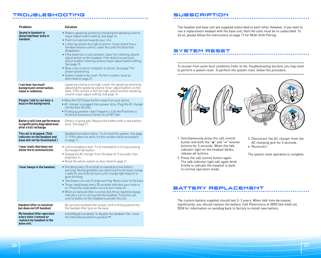 Plantronics CS70 Hdsean t Solution, Can hear too much, Oisn Or sidetone, Le I talk to can hear a, Ance, Ndic, Utb, Aecm 