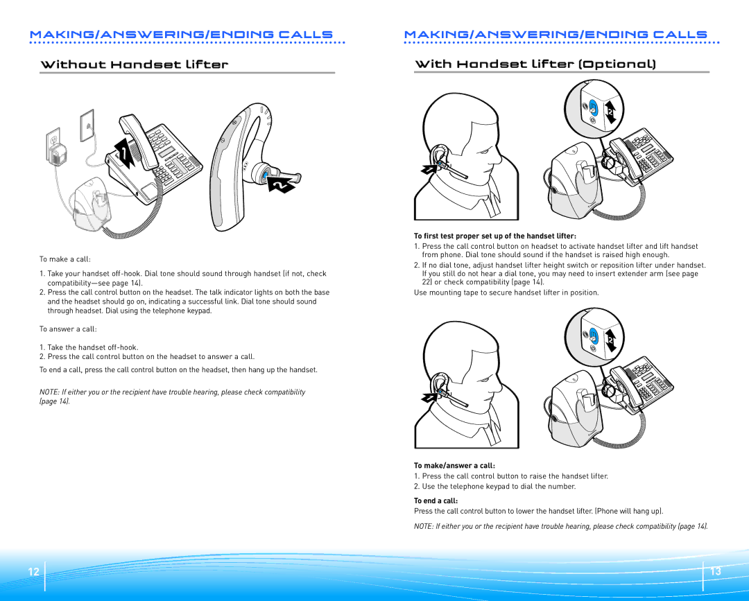 Plantronics CS70 warranty To first test proper set up of the handset lifter, To make/answer a call, To end a call 