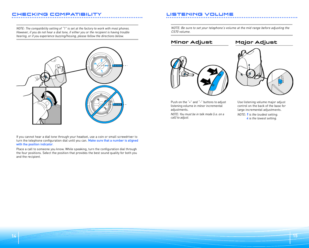 Plantronics CS70 warranty Minor Adjust Major Adjust, Adjustments Large incremental adjustments 