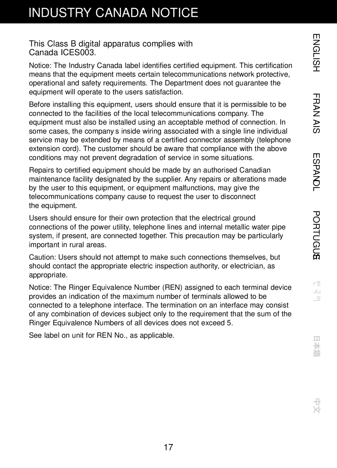 Plantronics CT10, 47349-01 manual Industry Canada Notice, This Class B digital apparatus complies with Canada ICES003 