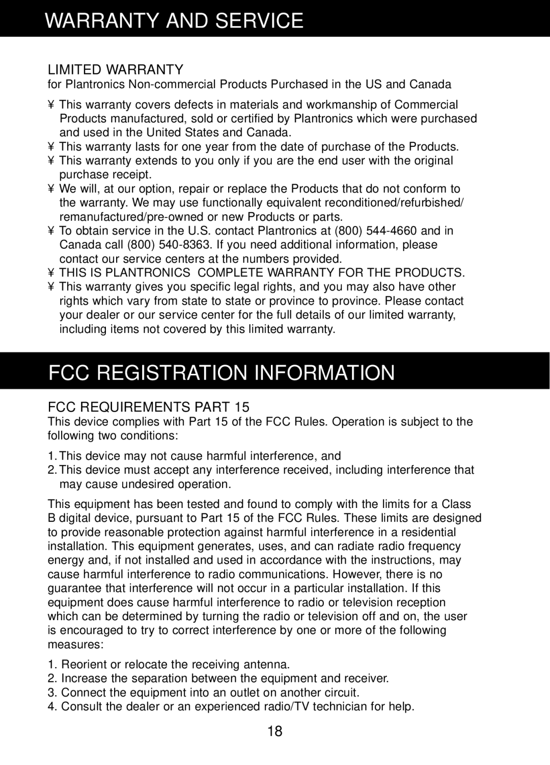 Plantronics 47349-01, CT10 manual Warranty and Service, FCC Registration Information 