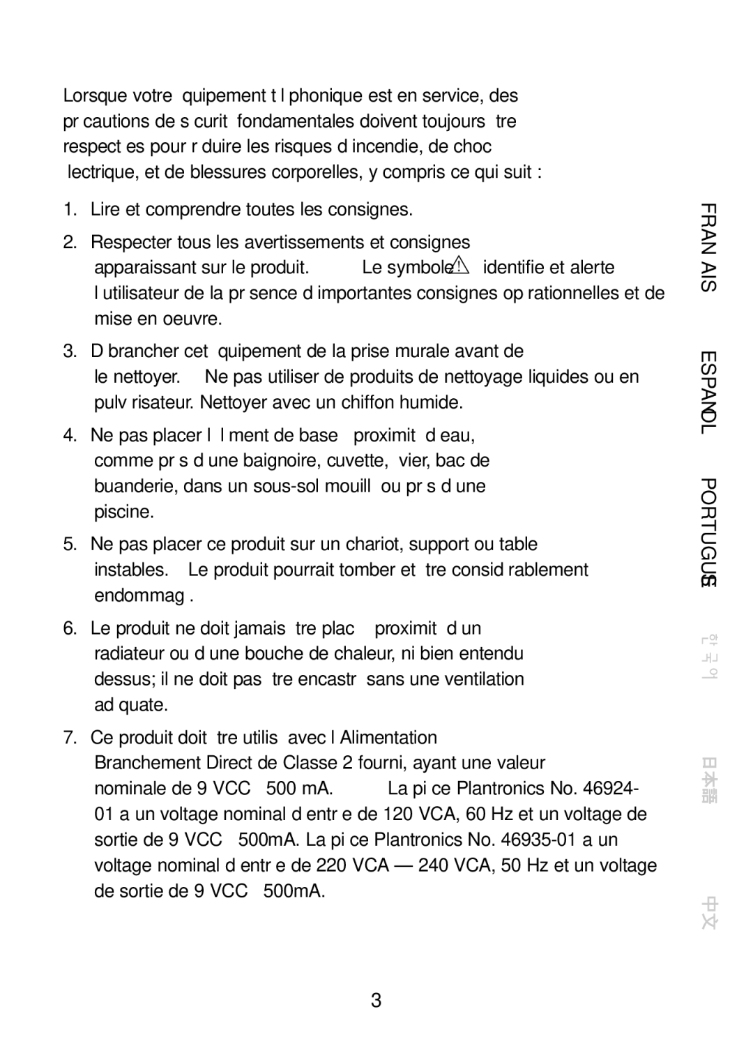 Plantronics CT10, 47349-01 manual Consignes DE Sécurité Importantes 