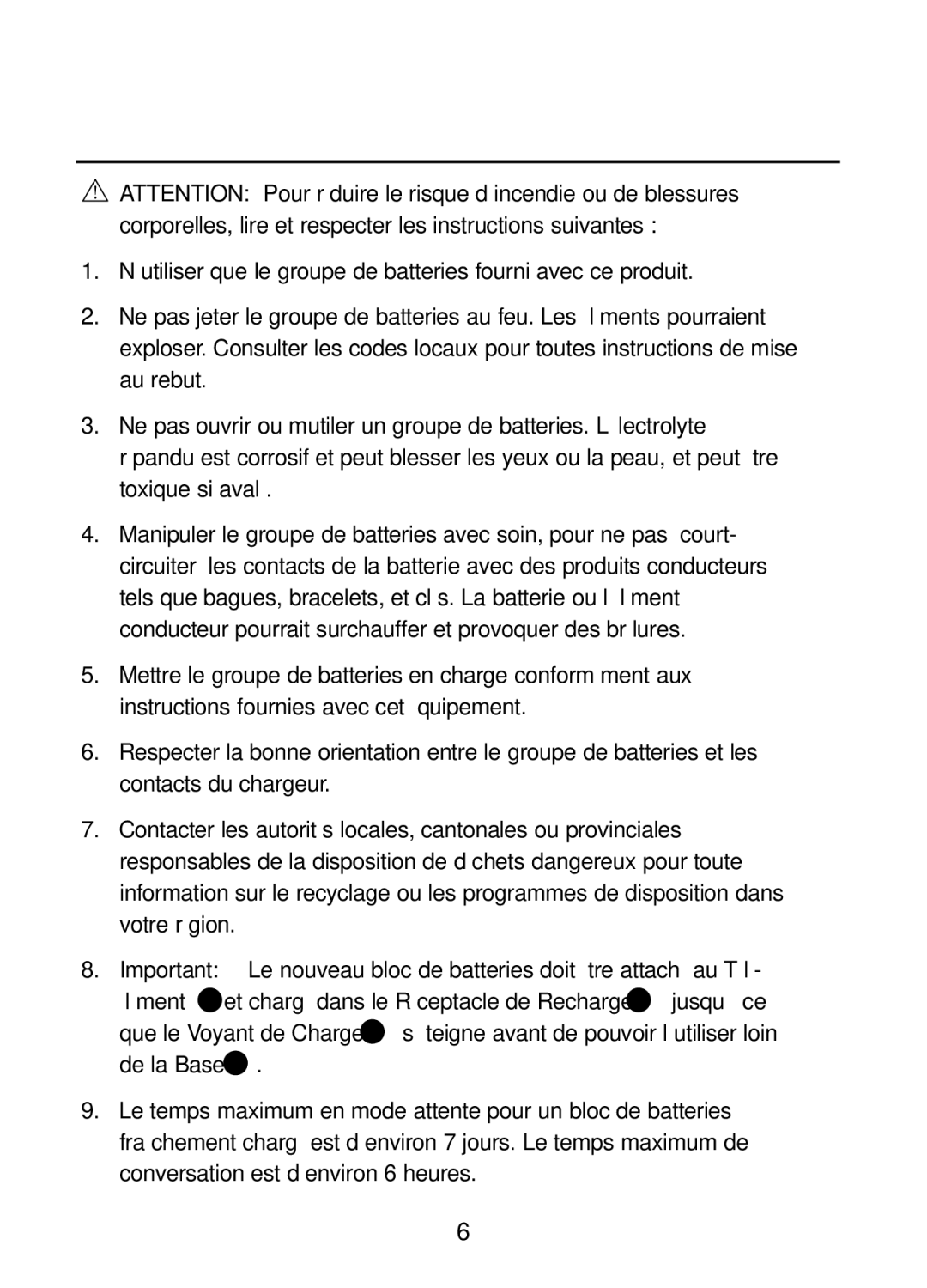 Plantronics 47349-01, CT10 manual Sécurité DE LA Batterie 