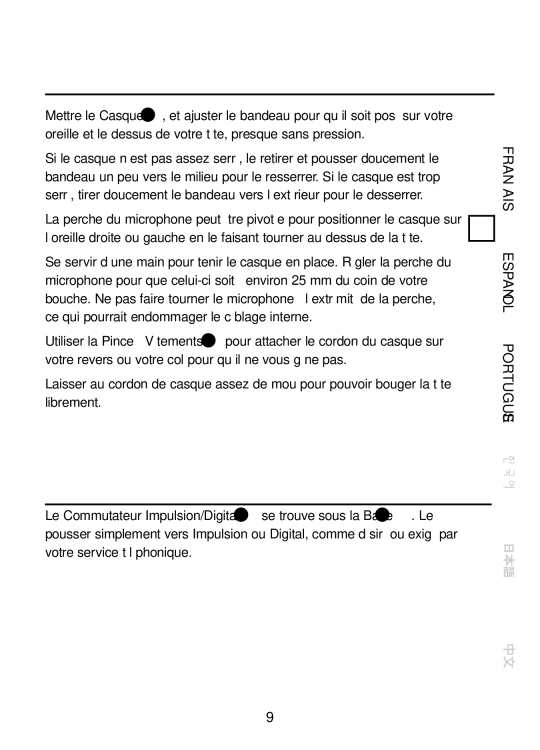 Plantronics CT10, 47349-01 manual Préparation DU Casque, Commutateur IMPULSION/DIGITAL 