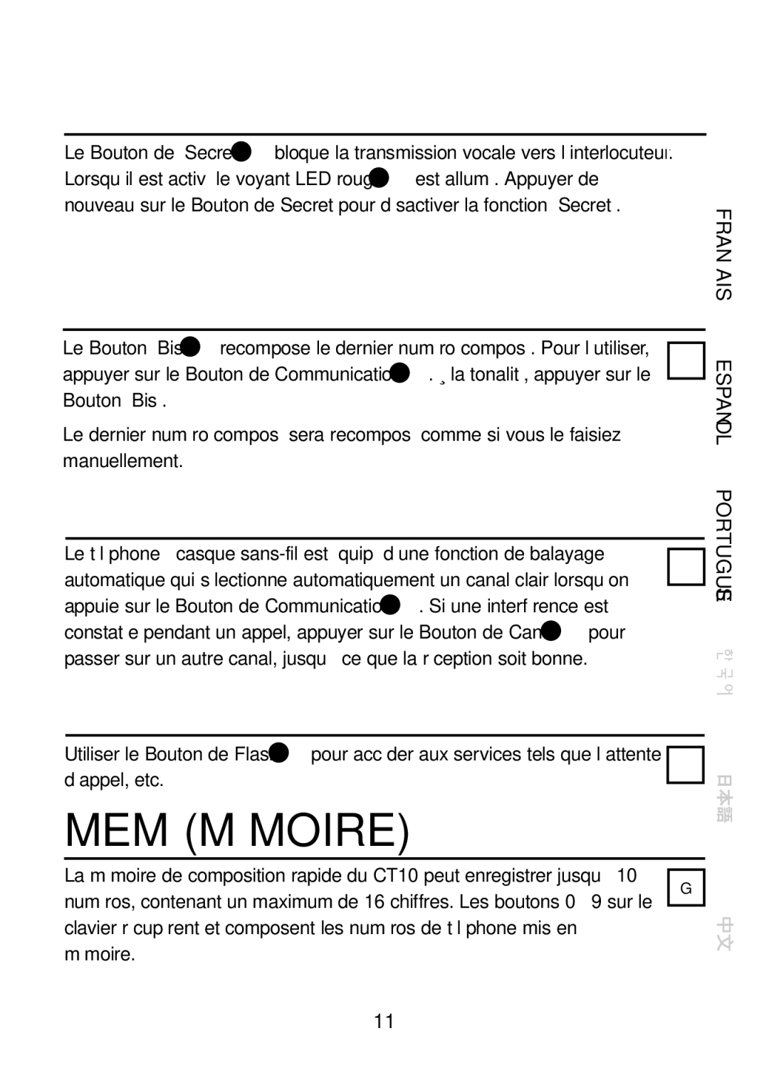 Plantronics CT10, 47349-01 manual Secret, Recomposition DU Dernier Numéro BIS, Canal, MEM Mémoire, Boutons Speciaux 