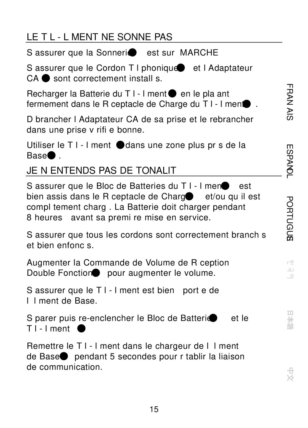 Plantronics CT10, 47349-01 manual Dépannage, LE TÉLÉ-ÉLÉMENT NE Sonne PAS, JE N’ENTENDS PAS DE Tonalité 