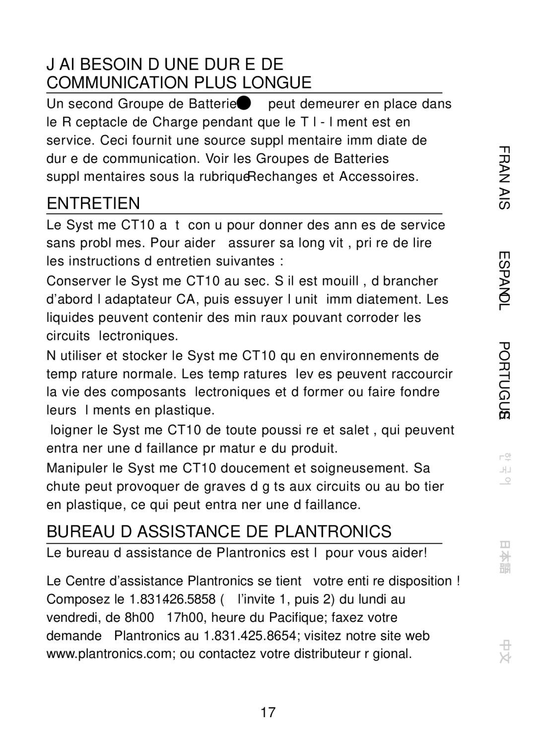 Plantronics CT10 manual ’AI Besoin D’UNE Durée DE Communication Plus Longue, Entretien, Bureau D’ASSISTANCE DE Plantronics 