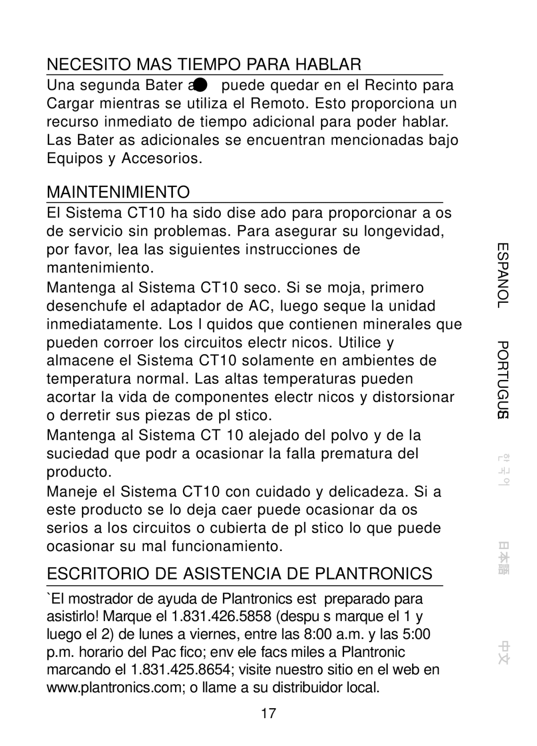 Plantronics CT10, 47349-01 manual Necesito MAS Tiempo Para Hablar, Maintenimiento, Escritorio DE Asistencia DE Plantronics 