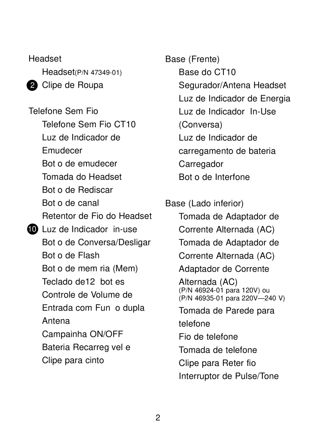 Plantronics 47349-01, CT10 manual Chave DE Diagrama, Telefone Sem Fio 