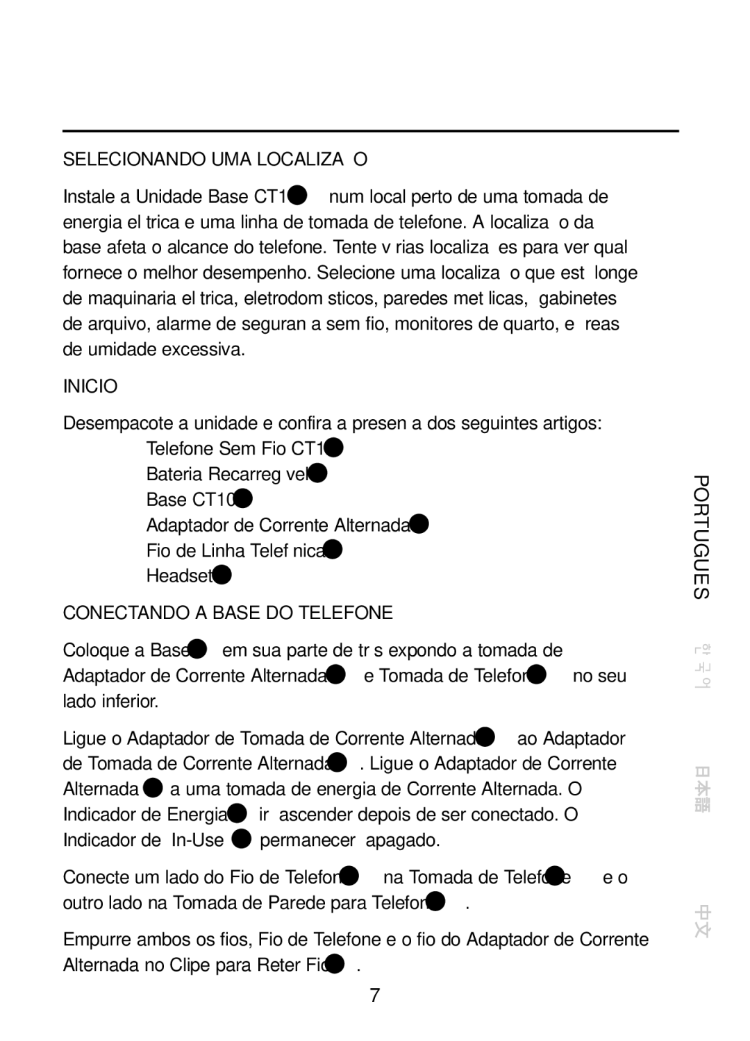 Plantronics CT10, 47349-01 Instalação Geral, Etapa, Selecionando UMA Localização, Inicio, Conectando a Base do Telefone 