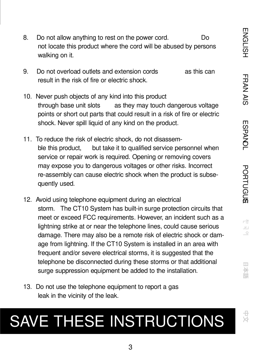 Plantronics CT10, 47349-01 manual Important Safety Instructions 