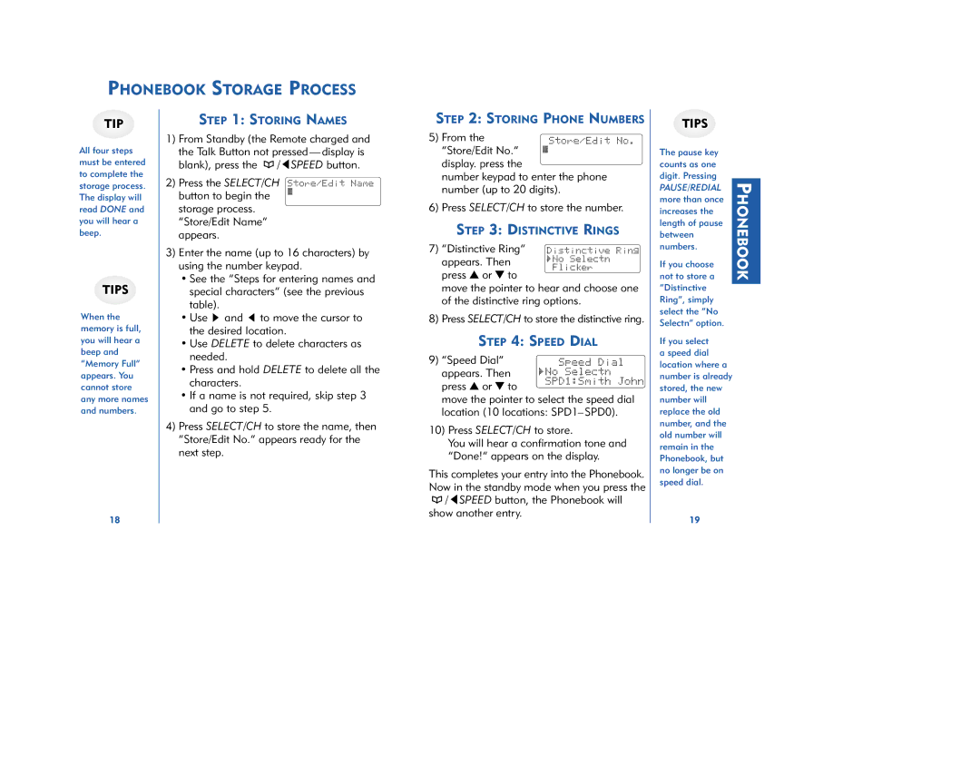 Plantronics CT12, CT11 manual Phonebook Storage Process, Storing Names, Storing Phone Numbers, Distinctive Rings, Speed Dial 