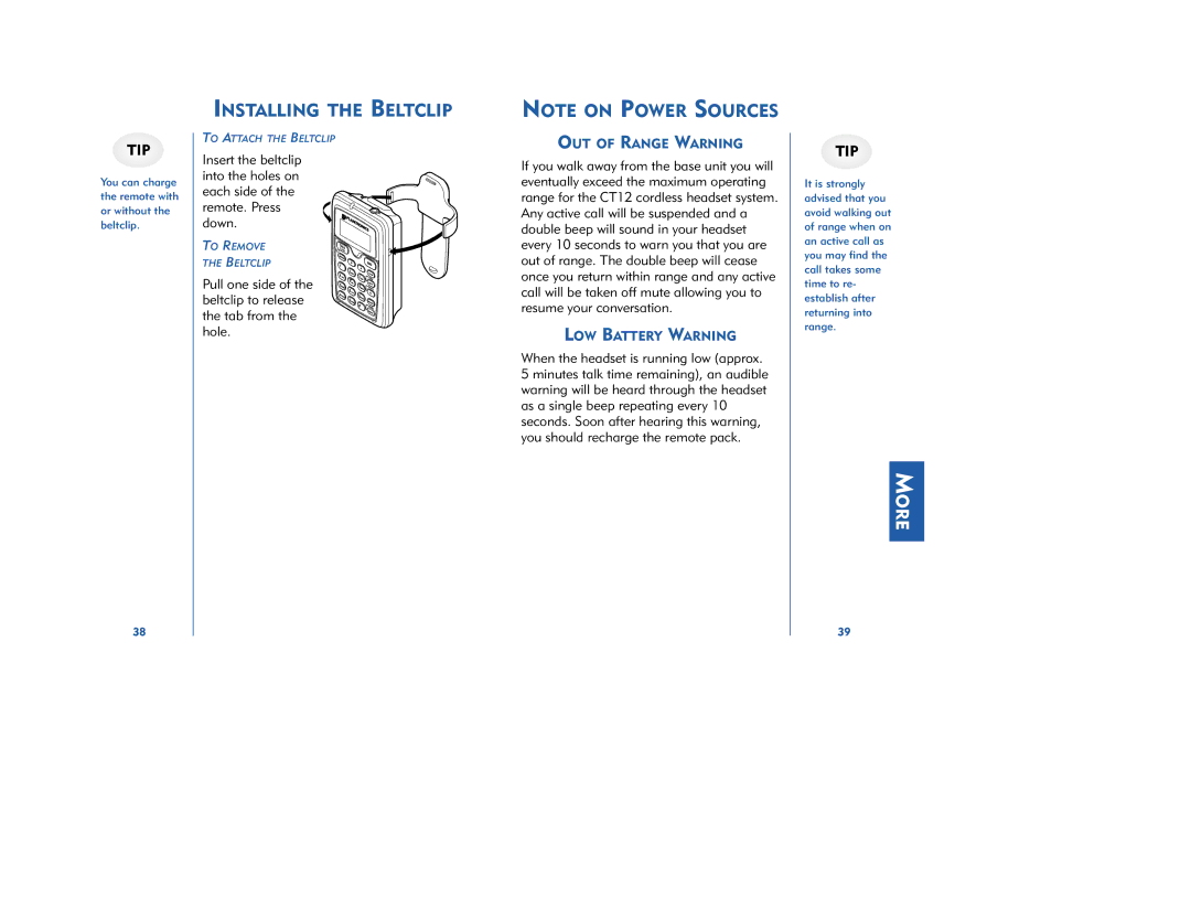 Plantronics CT12, CT11 manual Installing the Beltclip, OUT of Range Warning, LOW Battery Warning 