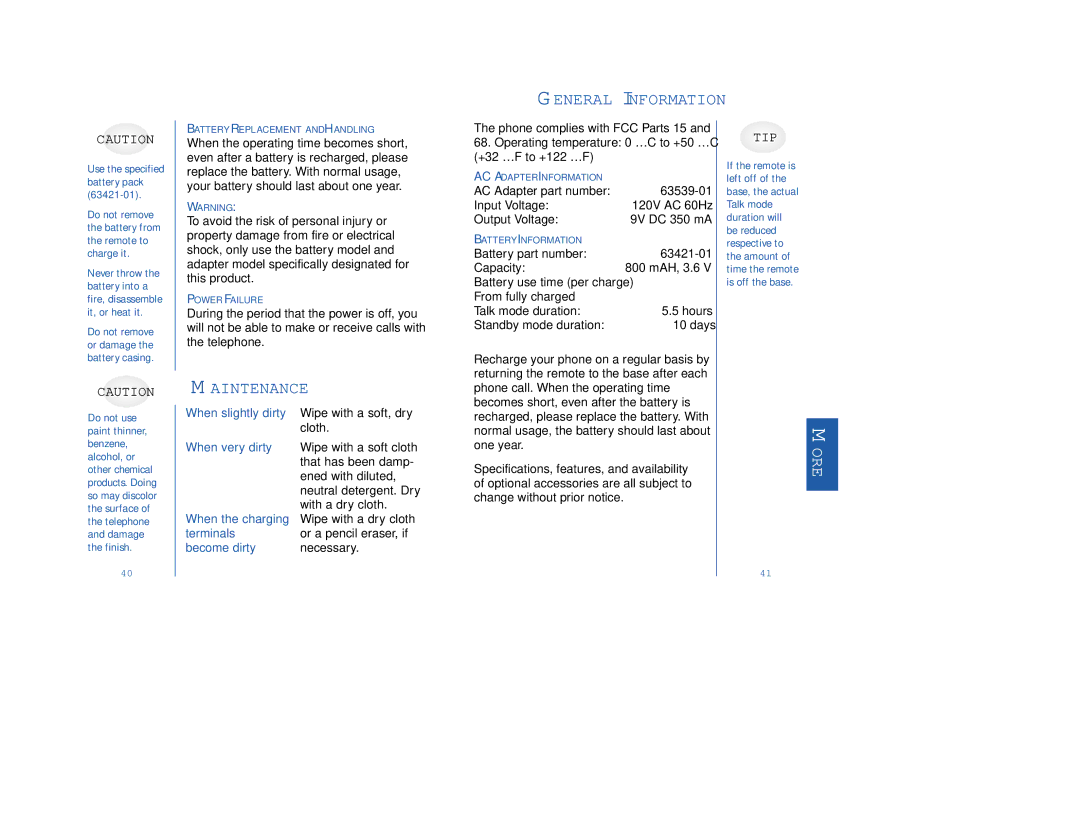 Plantronics CT11, CT12 manual General Information, Maintenance 