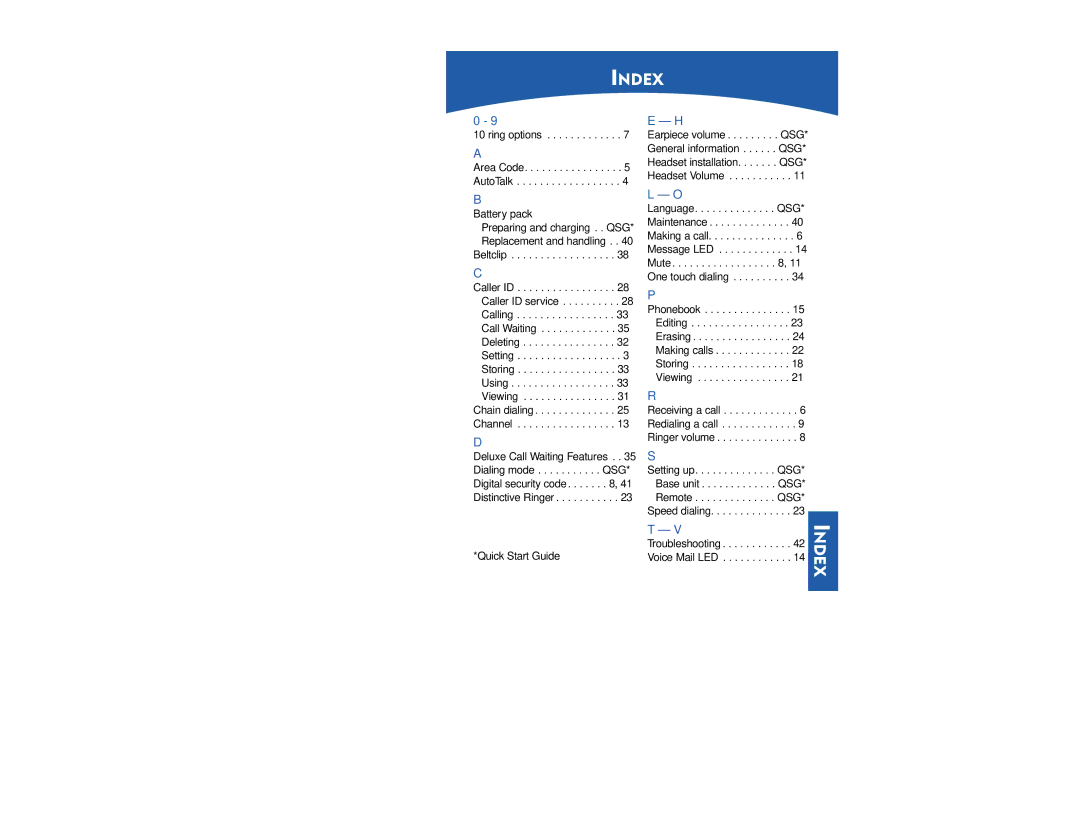 Plantronics CT12, CT11 manual Index, Battery pack 