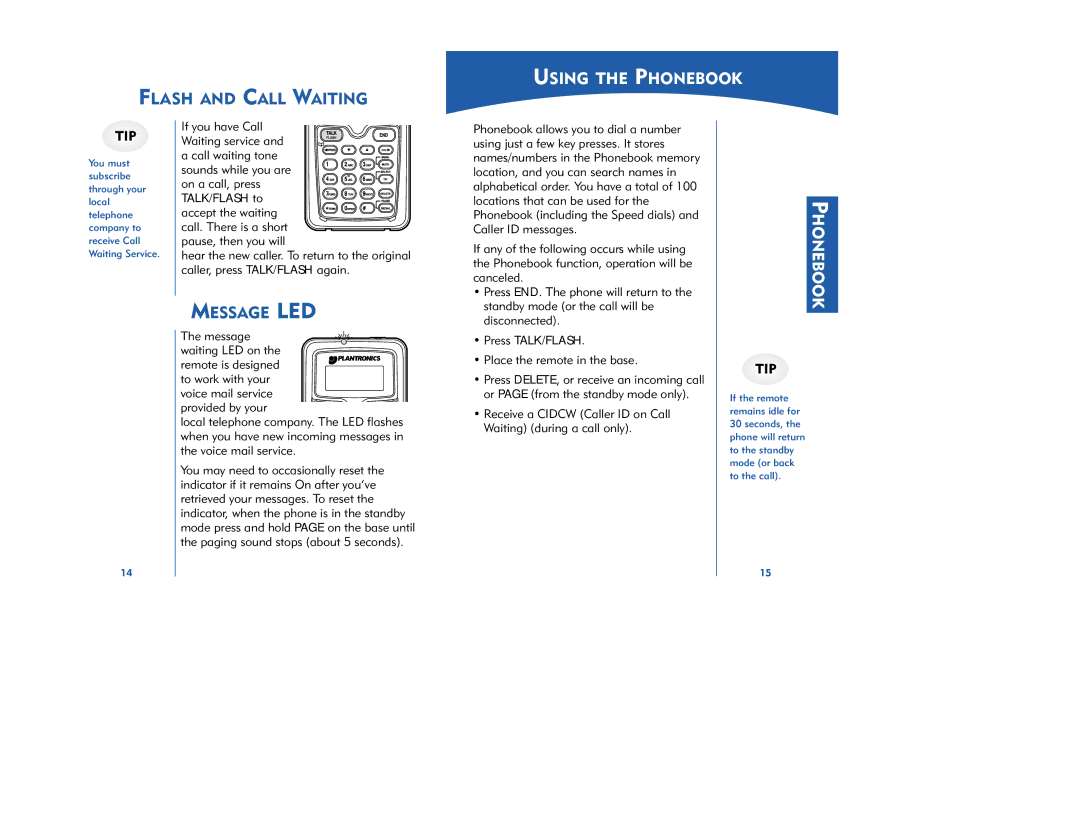 Plantronics CT12, CT11 manual Flash and Call Waiting, Using the Phonebook, Message LED, Message waiting LED on 