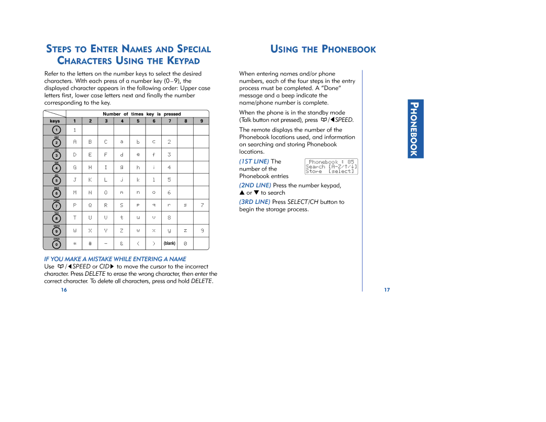 Plantronics CT11, CT12 manual Using the Phonebook, 2ND Line Press the number keypad Or to search 