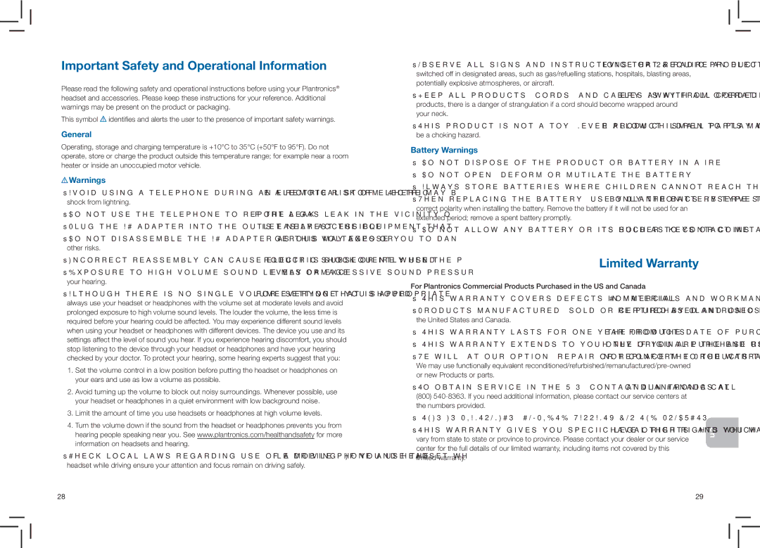 Plantronics CT14 manual Important Safety and Operational Information, Limited Warranty, General, Battery Warnings 