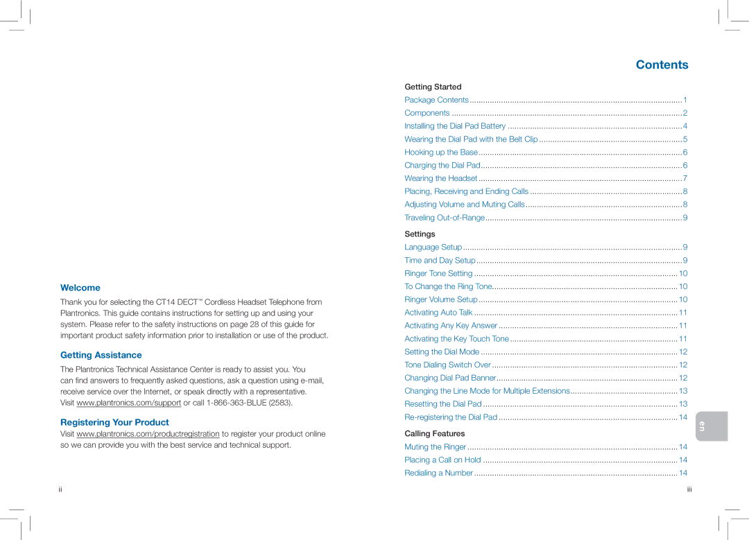 Plantronics CT14 manual Contents 