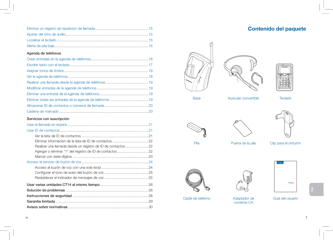 Plantronics CT14 manual Contenido del paquete, Agenda de teléfonos, Servicios con suscripción 