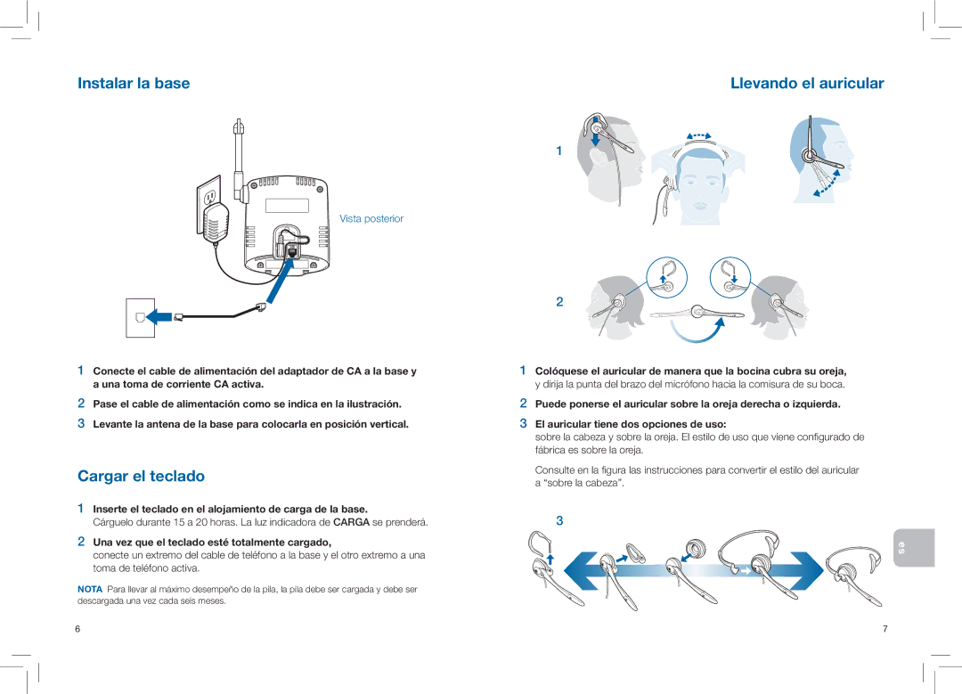 Plantronics CT14 manual Instalar la base, Cargar el teclado, Llevando el auricular 